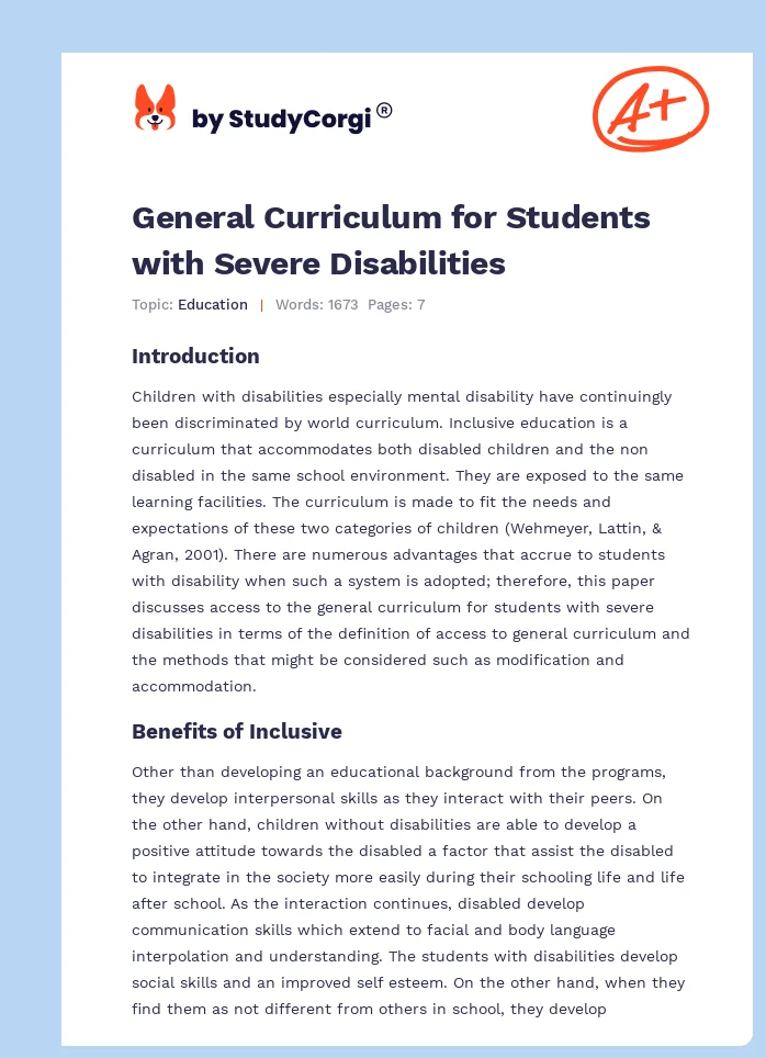 General Curriculum for Students with Severe Disabilities. Page 1