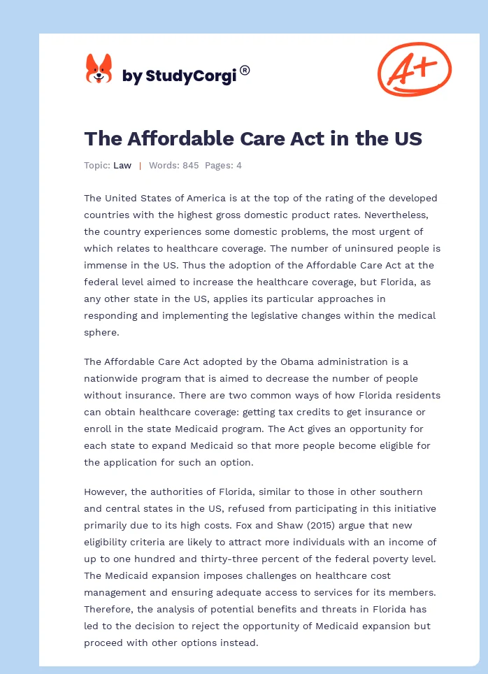 The Affordable Care Act in the US. Page 1