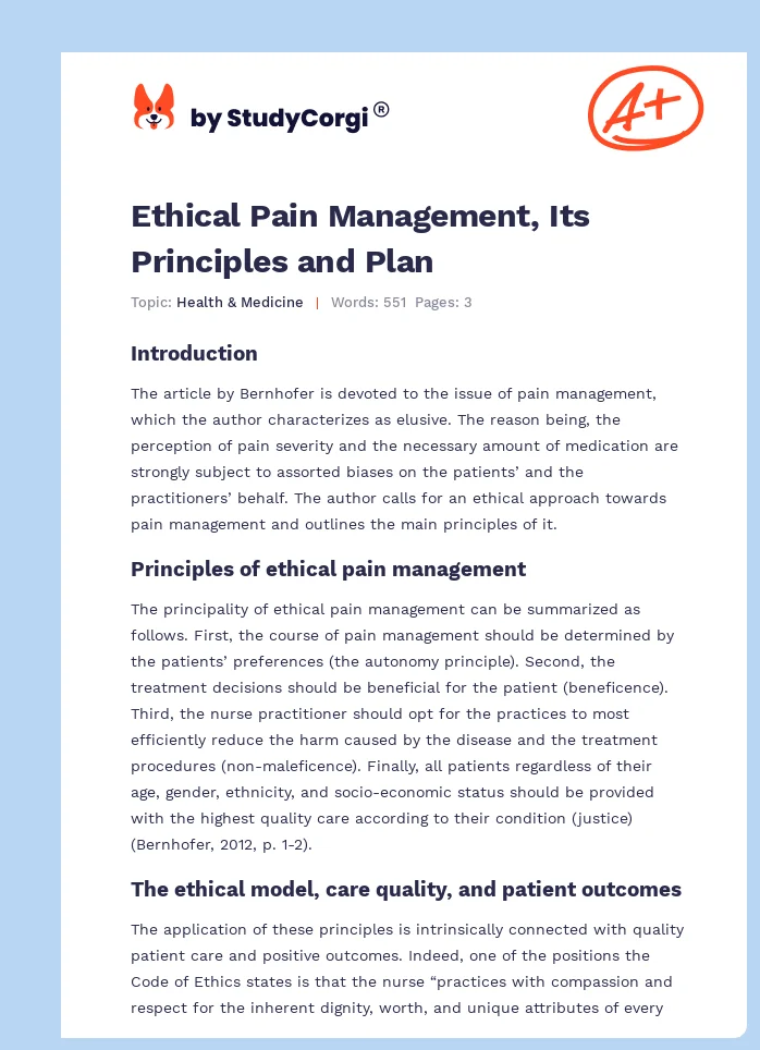 Ethical Pain Management, Its Principles and Plan. Page 1