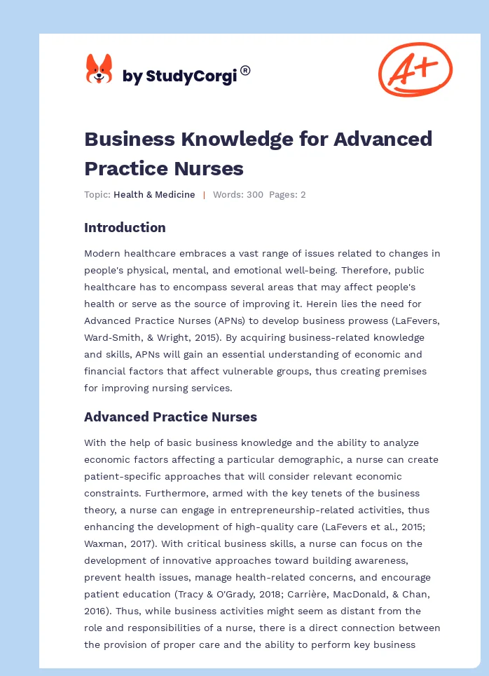 Business Knowledge for Advanced Practice Nurses. Page 1