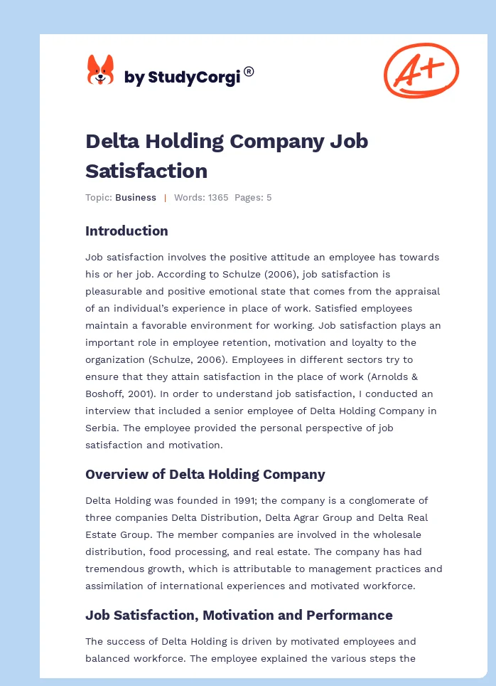 Delta Holding Company Job Satisfaction. Page 1