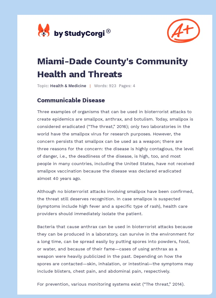 Miami-Dade County's Community Health and Threats. Page 1