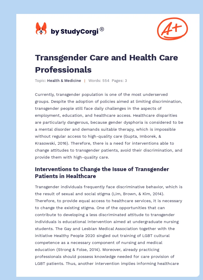 Transgender Care and Health Care Professionals. Page 1