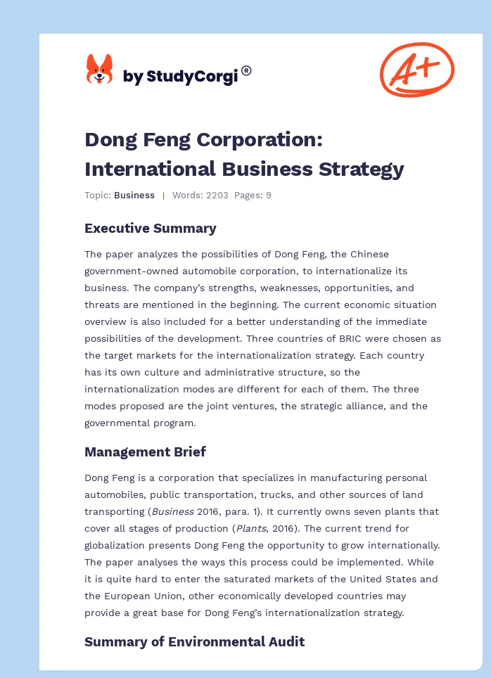 Dong Feng Corporation: International Business Strategy. Page 1