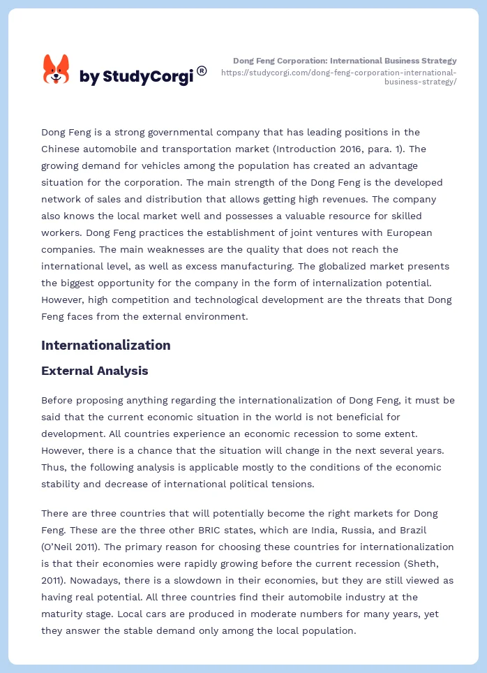 Dong Feng Corporation: International Business Strategy. Page 2