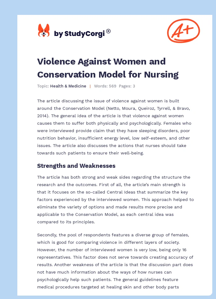 Violence Against Women and Conservation Model for Nursing. Page 1