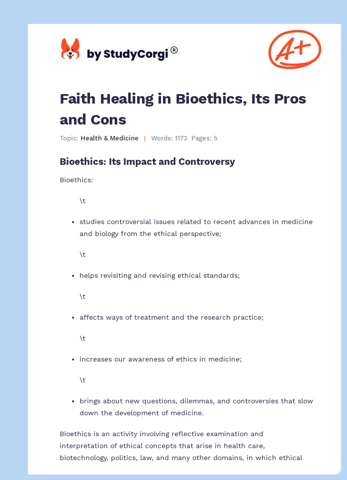 Faith Healing in Bioethics, Its Pros and Cons. Page 1