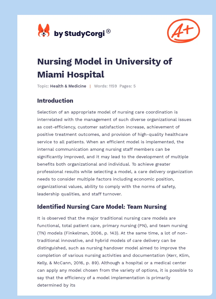 Nursing Model in University of Miami Hospital. Page 1