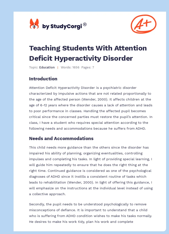 Teaching Students With Attention Deficit Hyperactivity Disorder. Page 1