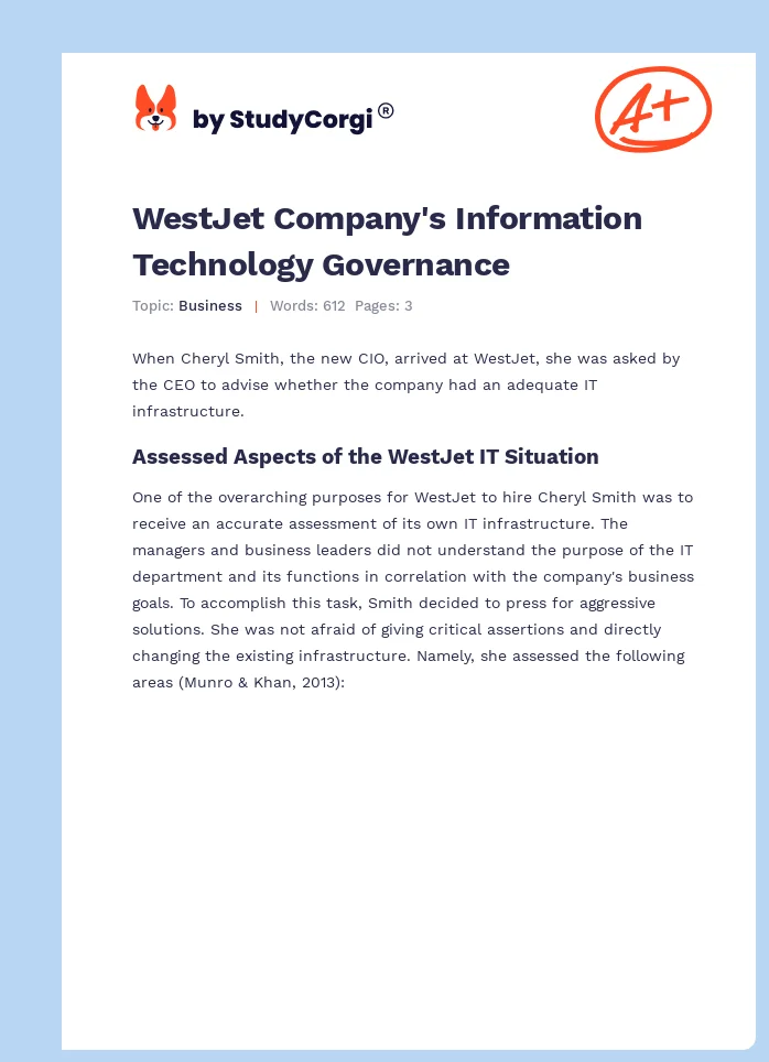 WestJet Company's Information Technology Governance. Page 1
