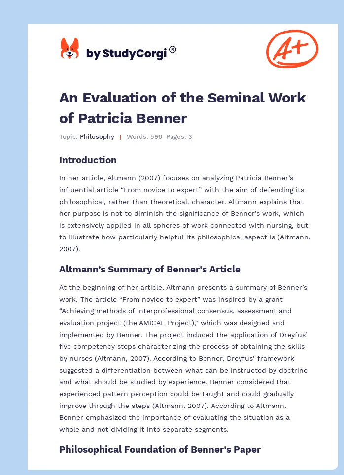 An Evaluation of the Seminal Work of Patricia Benner. Page 1