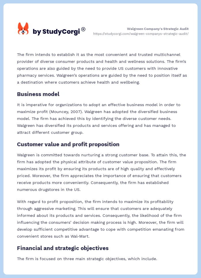Walgreen Company's Strategic Audit. Page 2