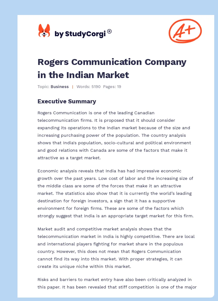 Rogers Communication Company in the Indian Market. Page 1