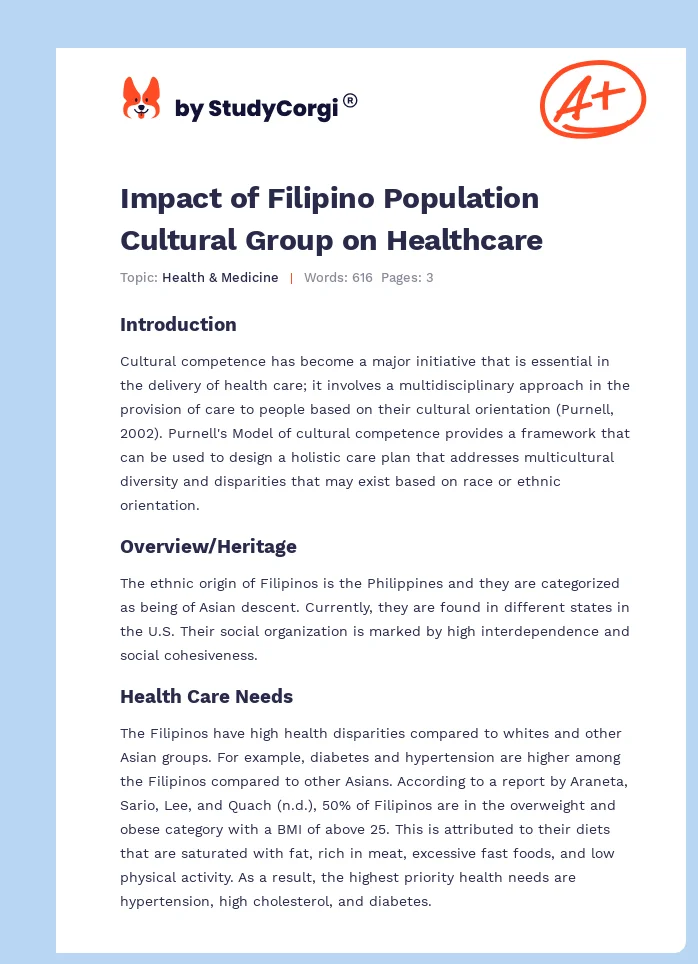 Impact of Filipino Population Cultural Group on Healthcare. Page 1