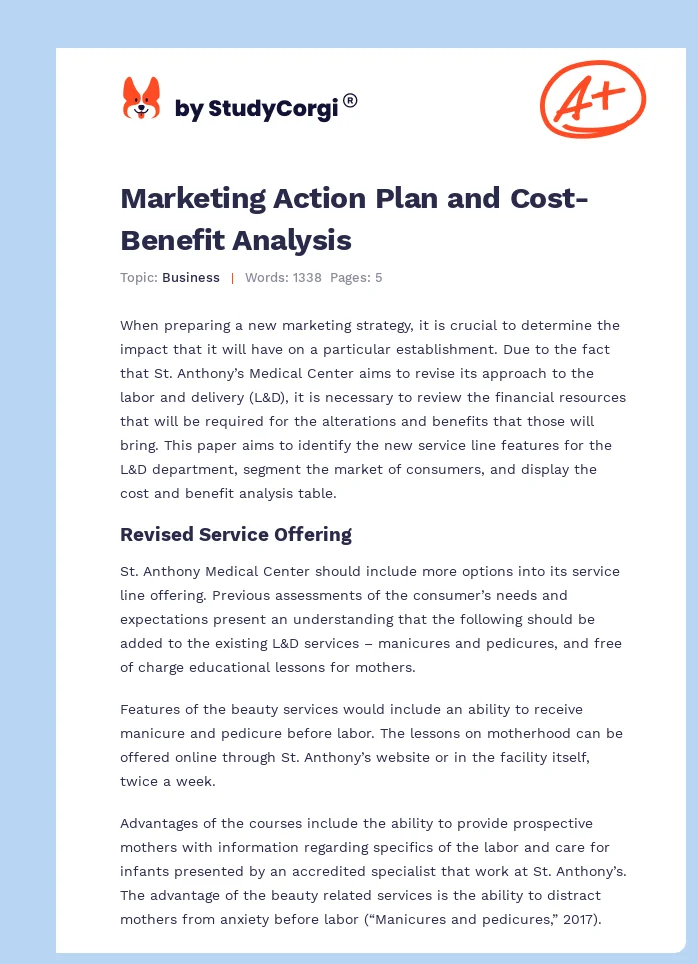 Marketing Action Plan and Cost-Benefit Analysis. Page 1