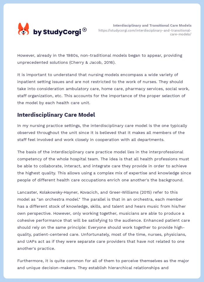 Interdisciplinary and Transitional Care Models. Page 2