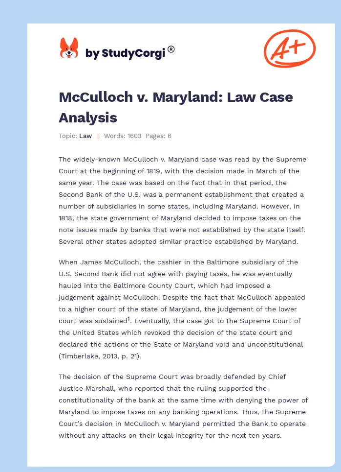 McCulloch v. Maryland: Law Case Analysis. Page 1