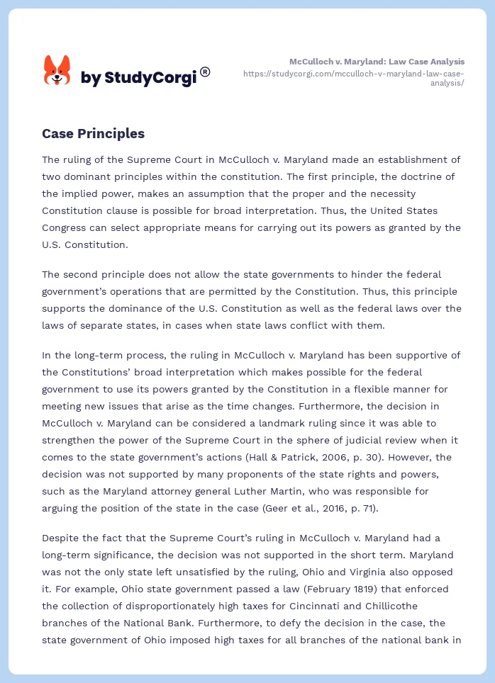 McCulloch v. Maryland: Law Case Analysis. Page 2