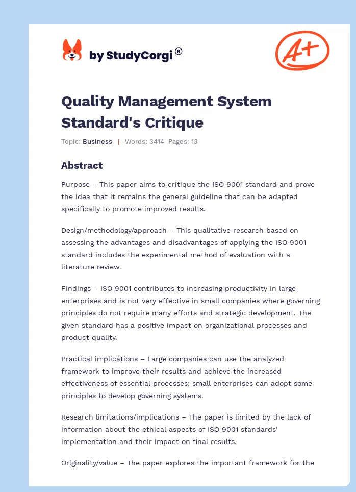 Quality Management System Standard's Critique. Page 1