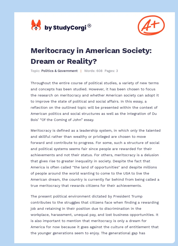 Meritocracy in American Society: Dream or Reality?. Page 1