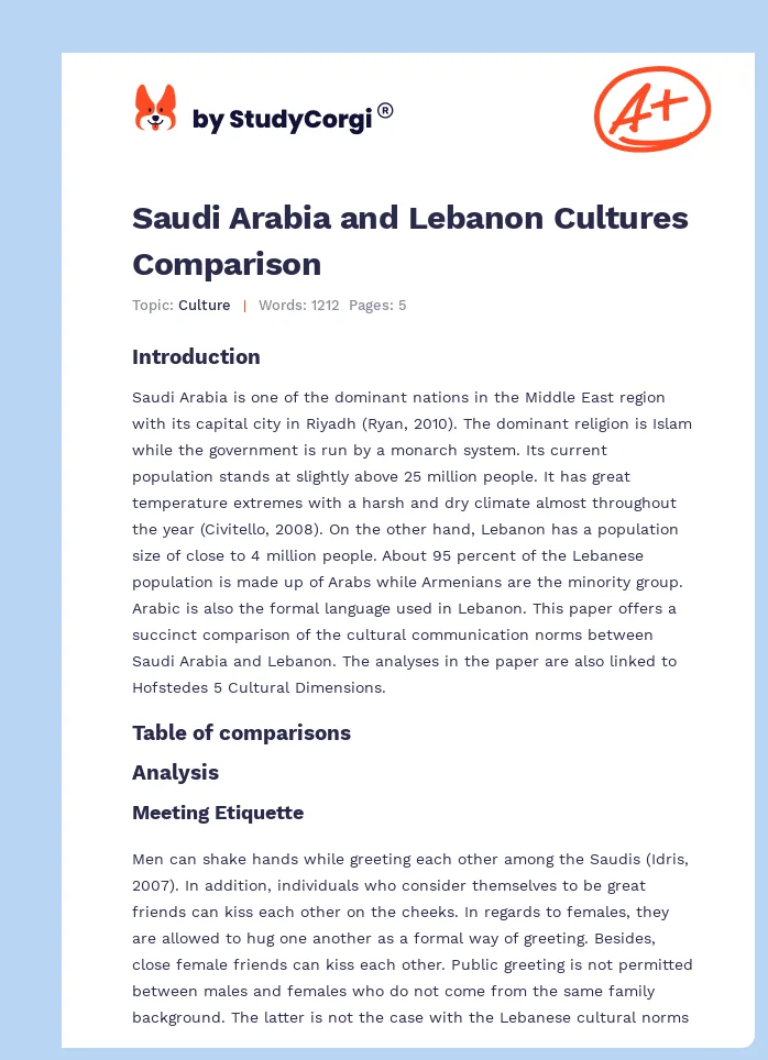 Saudi Arabia and Lebanon Cultures Comparison. Page 1