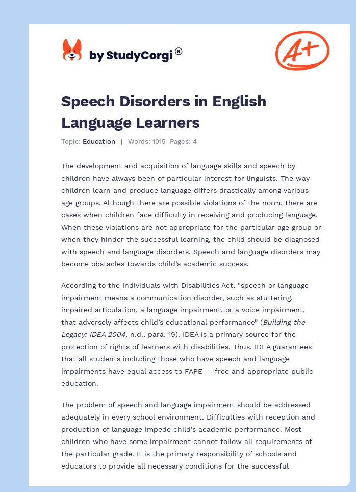Speech Disorders in English Language Learners. Page 1