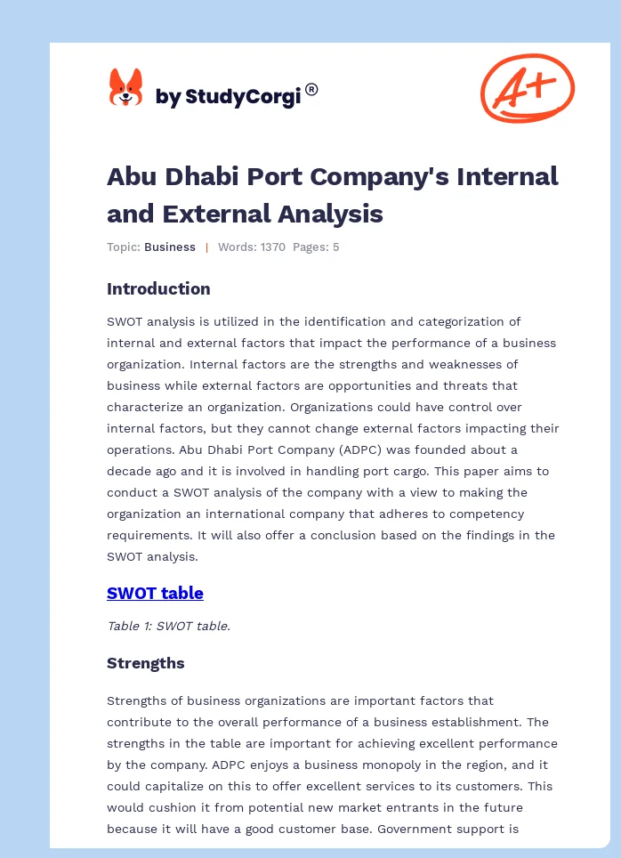 Abu Dhabi Port Company's Internal and External Analysis. Page 1