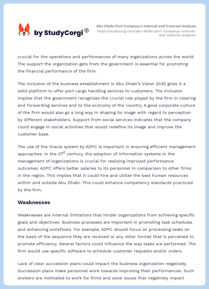 Abu Dhabi Port Company's Internal and External Analysis. Page 2