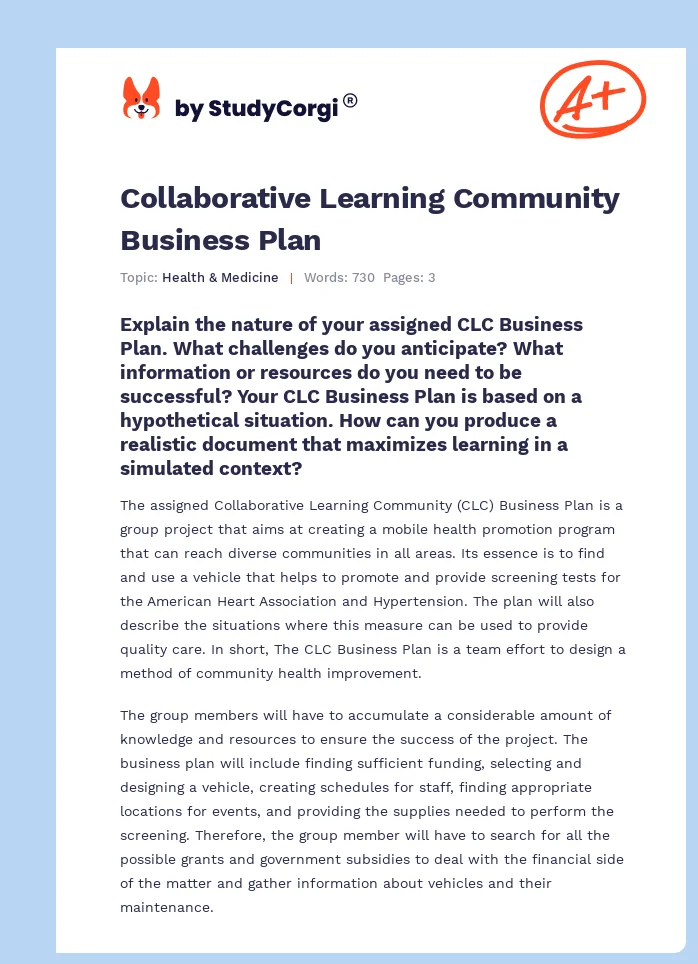 Collaborative Learning Community Business Plan. Page 1