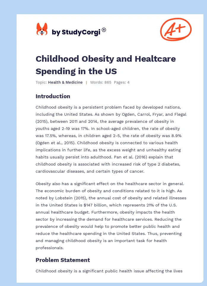 Childhood Obesity and Healtcare Spending in the US. Page 1