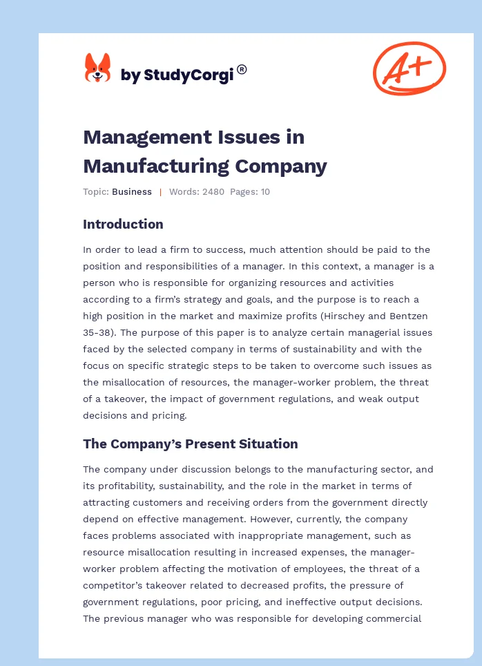 Management Issues in Manufacturing Company. Page 1