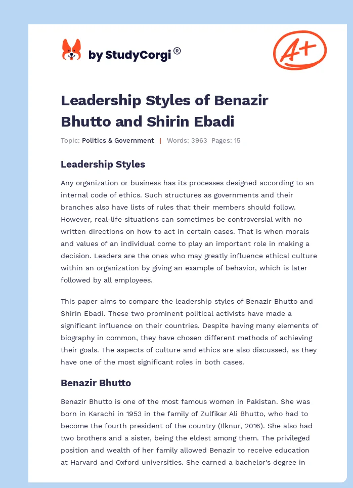Leadership Styles of Benazir Bhutto and Shirin Ebadi. Page 1