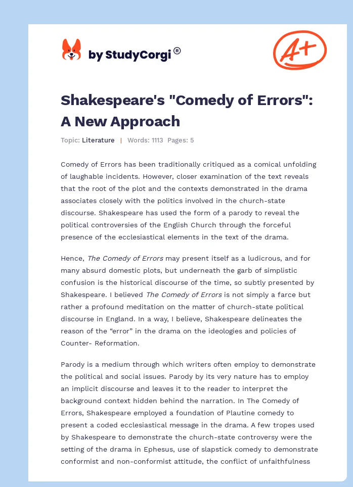 Shakespeare's "Comedy of Errors": A New Approach. Page 1