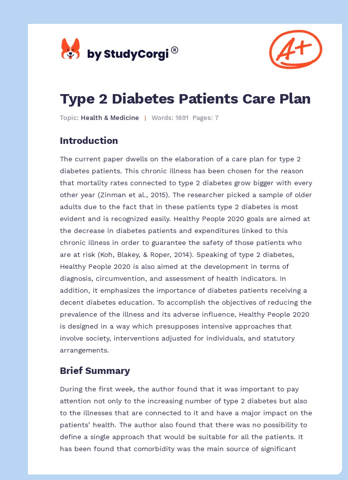 Type 2 Diabetes Patients Care Plan. Page 1
