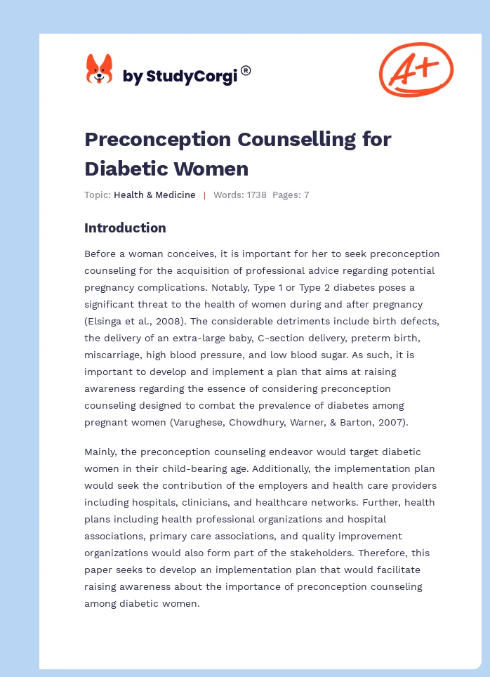 Preconception Counselling for Diabetic Women. Page 1