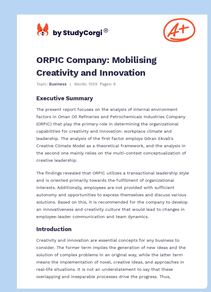 ORPIC Company: Mobilising Creativity and Innovation. Page 1