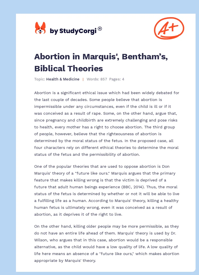 Abortion in Marquis', Bentham’s, Biblical Theories. Page 1