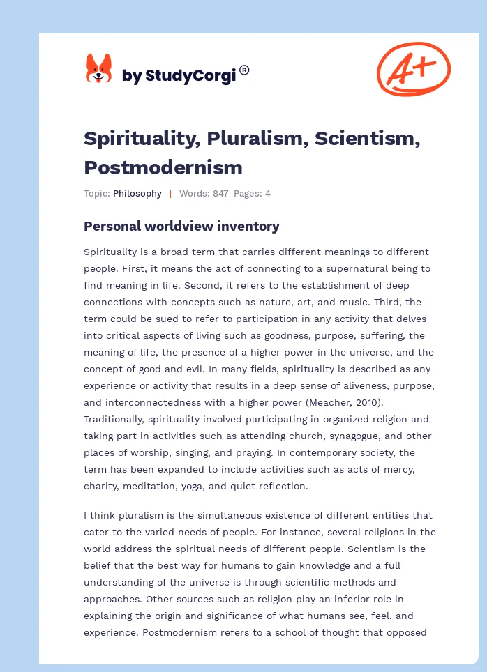 Spirituality, Pluralism, Scientism, Postmodernism. Page 1