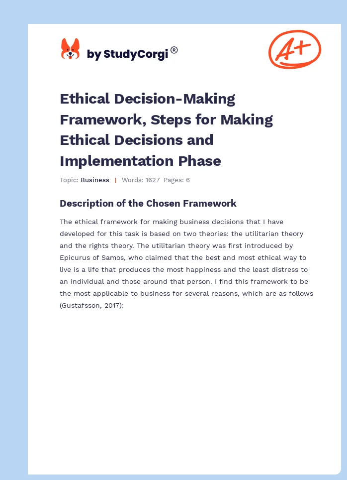Ethical Decision-Making Framework, Steps for Making Ethical Decisions and Implementation Phase. Page 1
