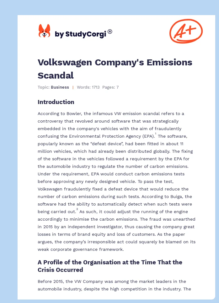 Volkswagen Company's Emissions Scandal. Page 1
