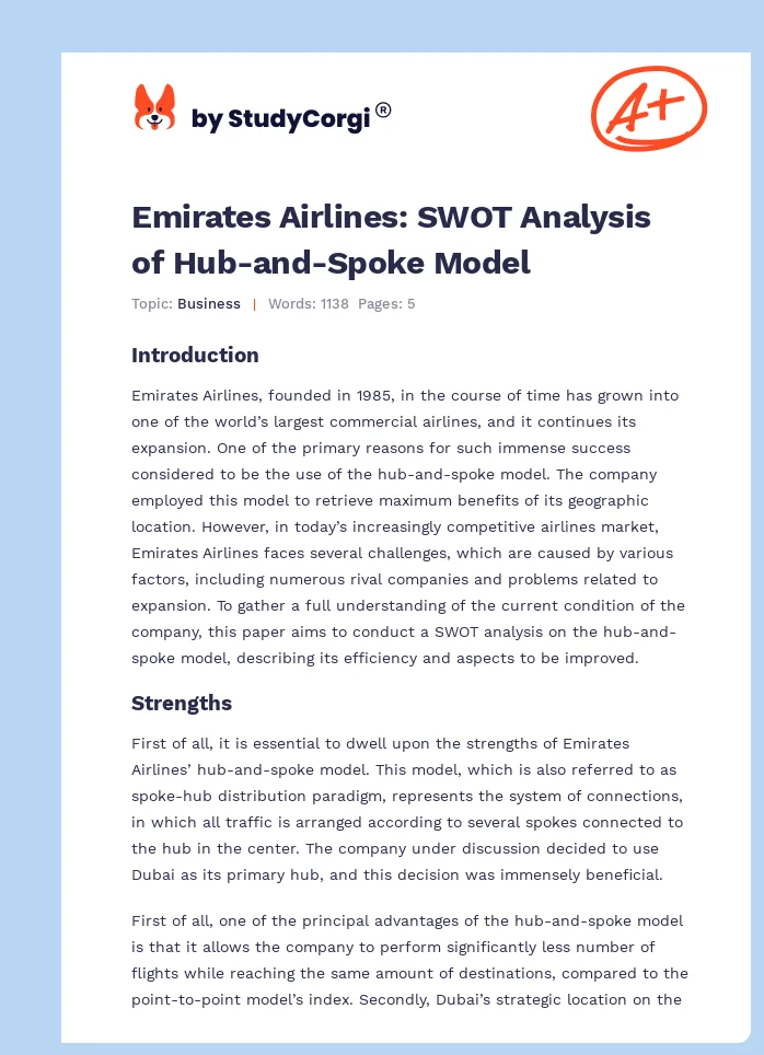 Emirates Airlines: SWOT Analysis of Hub-and-Spoke Model. Page 1