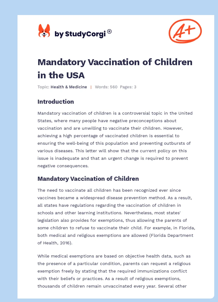 Mandatory Vaccination of Children in the USA. Page 1