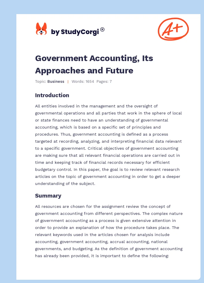 Government Accounting, Its Approaches and Future. Page 1