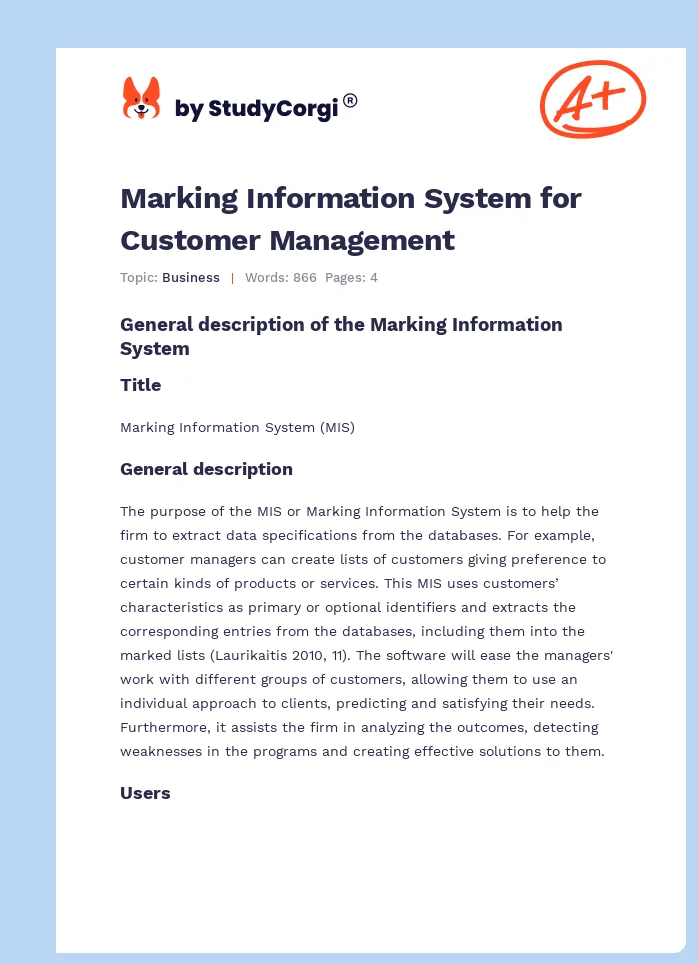 Marking Information System for Customer Management. Page 1