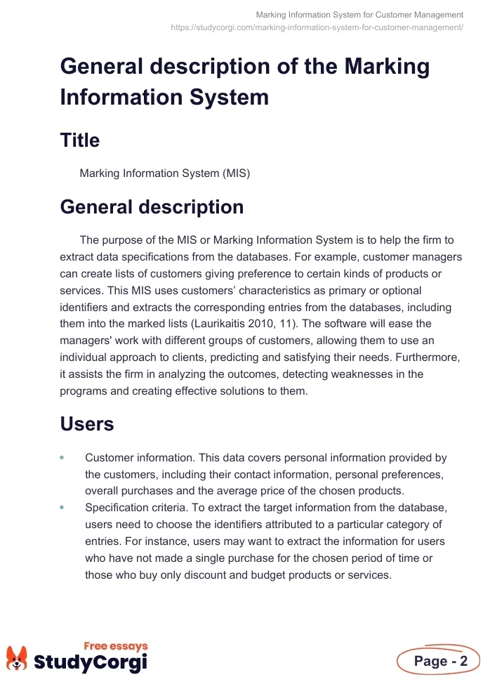 Marking Information System for Customer Management. Page 2