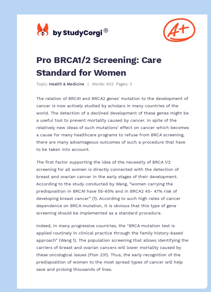 Pro BRCA1/2 Screening: Care Standard for Women. Page 1