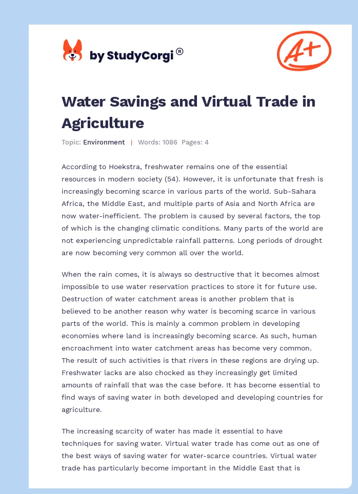 Water Savings and Virtual Trade in Agriculture. Page 1