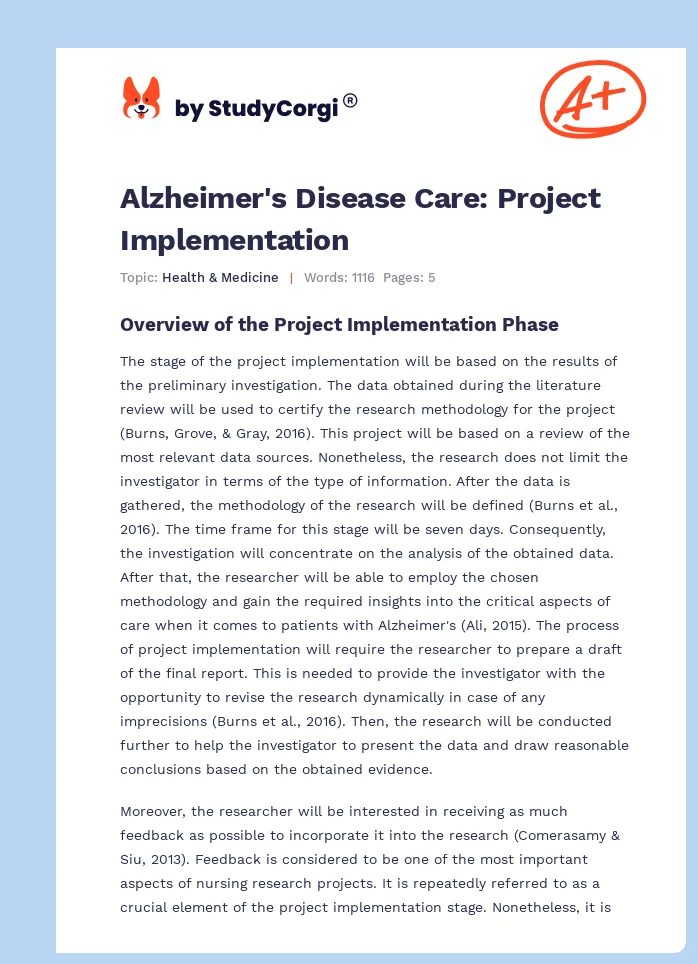 Alzheimer's Disease Care: Project Implementation. Page 1