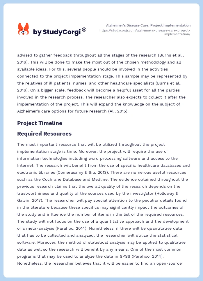 Alzheimer's Disease Care: Project Implementation. Page 2