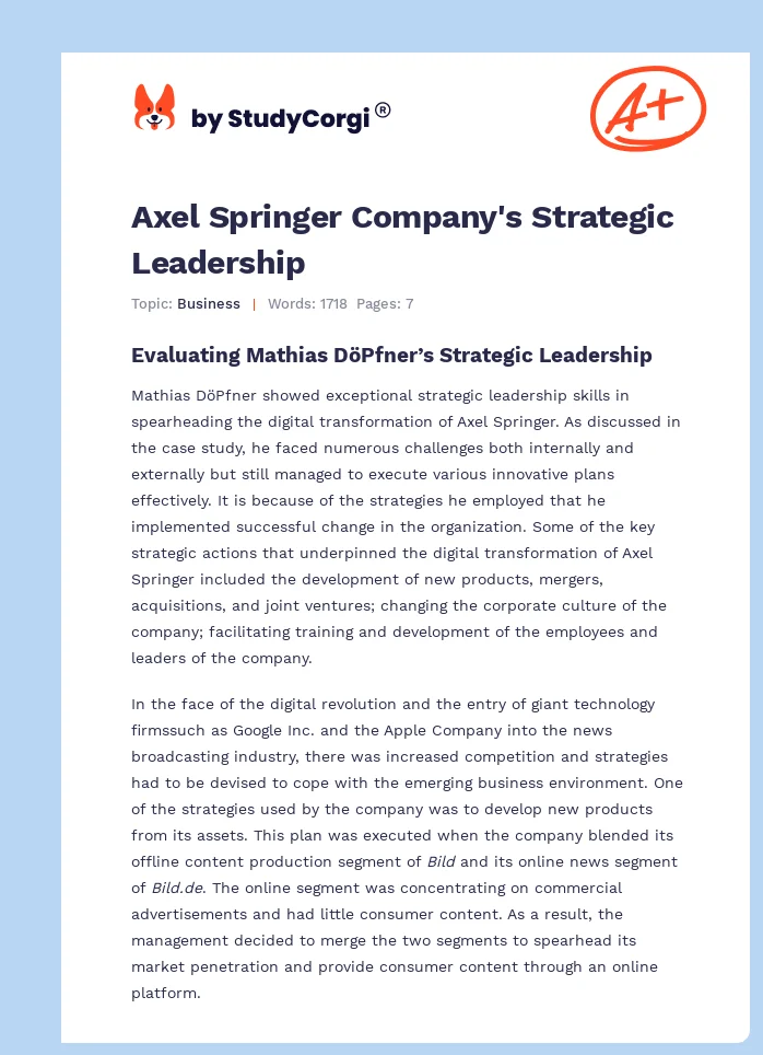 Axel Springer Company's Strategic Leadership. Page 1
